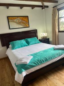 a bedroom with a large bed with green pillows at Steingarten, Casa de Campo hermosa y amoblada. in Riobamba