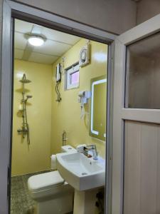 a bathroom with a sink and a toilet and a mirror at Lina Dreamland Resort in Billah