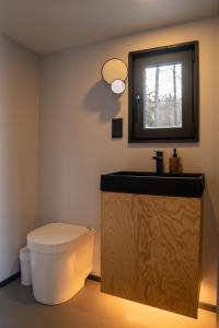 a bathroom with a toilet and a sink and a mirror at Living art piece at the lake. 