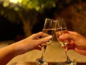 twee mensen die een glas witte wijn omhoog houden bij Rangiroa Beach House in Avatoru