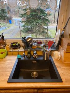 a kitchen sink with a view of a tree at zielonapogoda in Lądek-Zdrój