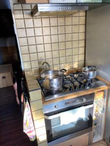 dwa garnki i patelnie na kuchence w kuchni w obiekcie zielonapogoda w mieście Lądek-Zdrój