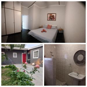 two pictures of a bedroom with a bed and a bathroom at Urban Farm Haus Homestead in Rundu