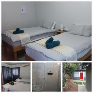 a collage of three pictures of a bedroom with two beds at Urban Farm Haus Homestead in Rundu