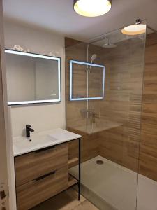 a bathroom with a sink and a shower at Maison de vacances in La Cotinière