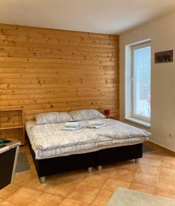 1 dormitorio con 1 cama con pared de madera en Vila Lesana, en Nová Lesná