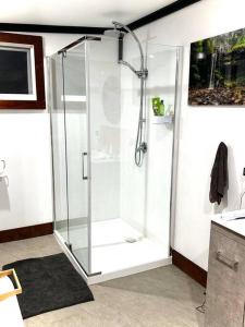 a shower with a glass door in a bathroom at Conlan Springs Cottage in Queenstown