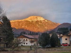 Una montaña con una casa delante de ella en Appartementhaus Hüttenberger en Erpfendorf