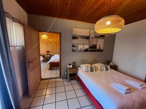 a bedroom with a bed and a chandelier at Logis Le Chalet in Saint-Maurice-en-Trièves