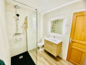卡爾熱斯的住宿－Villa Montalbo vue mer de 2 à 10 personnes，浴室配有卫生间、盥洗盆和淋浴。