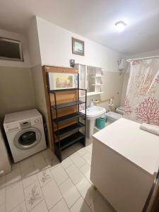 een kleine badkamer met een wastafel en een wasmachine bij Villa Angelina holidays in Ripa Teatina