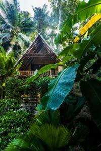 a bamboo house in the jungle with palm trees at Bamboo Bay Island Resort in Srithanu