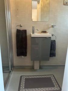 een badkamer met een wastafel, een spiegel en een tapijt bij Dream Cottage in Ballintober