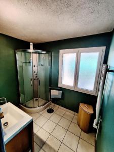 La salle de bains verte est pourvue d'une douche et d'un lavabo. dans l'établissement appartement avec vue panoramique, à Combaillaux