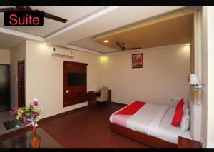 Habitación de hotel con cama y TV en hotel dreamland en Haridwār