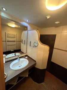 a bathroom with a sink and a mirror at Gasthof zum Lowen in Aschau