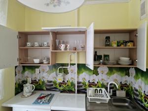 a kitchen with flowers painted on the wall at Ruses14 in Riga