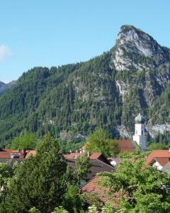 Blick auf einen Berg mit Stadt und Kirche in der Unterkunft St Lukas Apartments in Oberammergau
