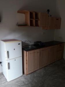 a kitchen with a white refrigerator and wooden cabinets at Harmonic villa in Weligama