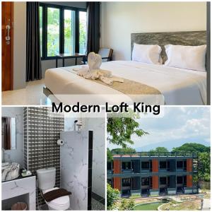 un collage di due foto di una camera d'albergo di Midtown Sukhothai a Sukhothai