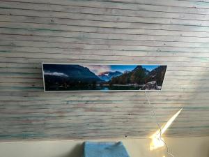 a picture on a wooden wall with a lamp at Chata se zahradou v Liberci in Liberec