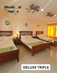 a bedroom with two beds and a yellow curtain at Moalboal Tropics in Moalboal