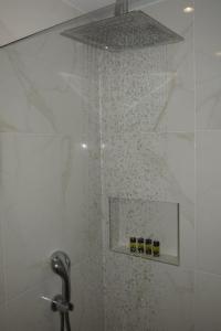 a shower with a glass door with four bottles in it at Aliki Studios in Boukari