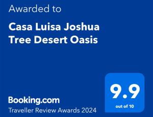 Certifikát, hodnocení, plakát nebo jiný dokument vystavený v ubytování Casa Luisa Joshua Tree