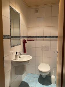 a bathroom with a toilet and a sink at Fischers Ferienhaus in Alken