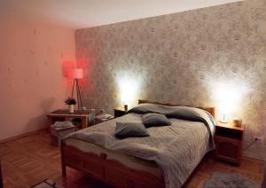 um quarto com uma cama com duas almofadas em Milu Residence em Ghimbav