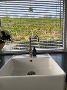 a kitchen sink in front of a window with a view at Erholung am Deich in Glückstadt