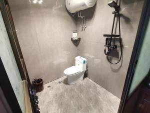 a small bathroom with a toilet and a shower at Pingyao Yan Family Homestay in Pingyao