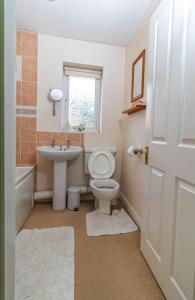 La salle de bains est pourvue de toilettes, d'un lavabo et d'une fenêtre. dans l'établissement Cosy 3 bedroom house, à Stoke-on-Trent