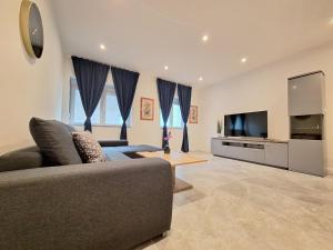 sala de estar con sofá y TV de pantalla plana en Apartment in Purkersdorf bei WienTop 3, en Purkersdorf