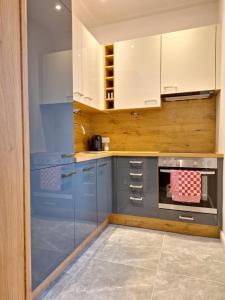 cocina con armarios azules y horno en Apartment in Purkersdorf bei WienTop 3, en Purkersdorf