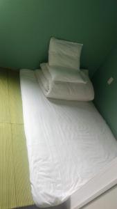 Hananogo Ikebukuro - Vacation STAY 16116v في طوكيو: سرير بملاءات ومخدات بيضاء في جدار أخضر