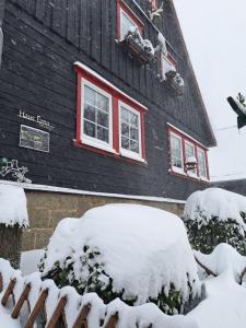 a black house with red windows and snow covered bushes at Haus Erna Schierke in Schierke