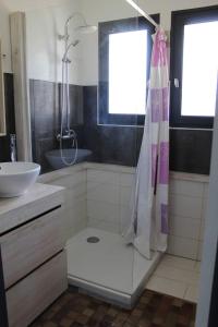 uma casa de banho com um chuveiro e um lavatório. em MAISON LACS & OCEAN em Sainte-Eulalie-en-Born