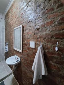 baño con lavabo y pared de ladrillo en Country Cottage, en Tulbagh