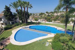 a large swimming pool in a yard with palm trees at Golf/Seaview 2 bedroom apartment in Sitio de Calahonda - Mijas in Mijas