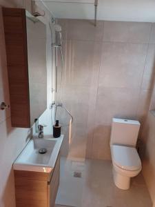 a bathroom with a white toilet and a sink at Nama Seaview Kokkari in Kokkari