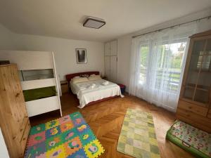 Schlafzimmer mit einem Bett, einem Fenster und einem Teppich in der Unterkunft BB Fonyódi út Apartman in Balatonboglár