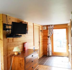 ein Wohnzimmer mit einem TV an einer Holzwand in der Unterkunft Appartement de la Fruitière in Arith