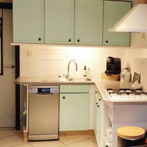 a kitchen with green cabinets and a sink at Studio De Groene Golf in Middelkerke +7 photos