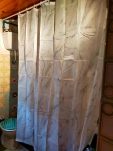 uma cortina de chuveiro branca numa casa de banho com WC em Monolocali Tra Rieti e Terminillo tra le nevi em Terminillo