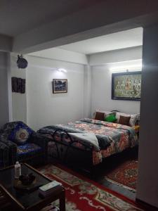 ein Schlafzimmer mit einem Bett und einem Stuhl darin in der Unterkunft Rap's Den in Darjeeling