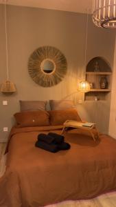 1 dormitorio con 1 cama grande y espejo en la pared en SUITE Serenity Room SPA- Balnéothérapie en Saint-Étienne