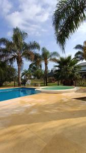 una piscina con palmeras en el fondo en Cabañas del Paraiso en Colón