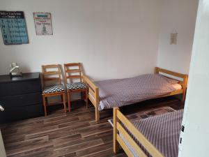 Cette chambre comprend 2 lits jumeaux et 2 chaises. dans l'établissement Ferienwohnung Finkeldei, à Winterberg