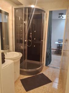 a bathroom with a shower and a sink at 2 pièces cocooning in Saint-Claude